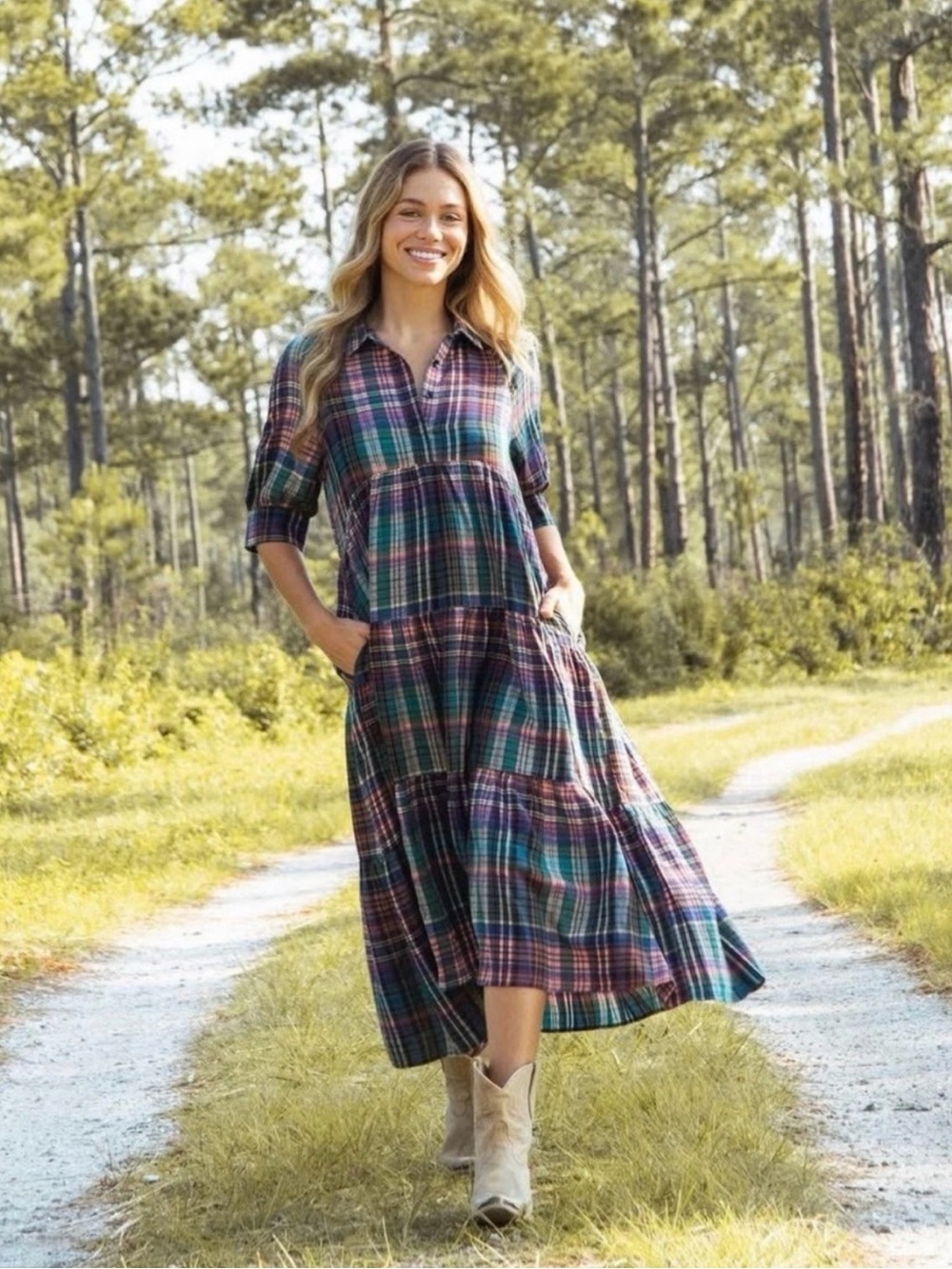 NATURAL LIFE Rebecca Plaid Tiered Maxi Dress Boho Cottage core Farmhouse